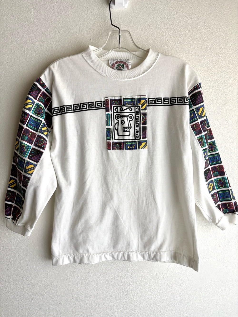 Vintage 80s Camp Beverly Hills Long Sleeve Crewneck Shirt Aztec Panels Men's XS